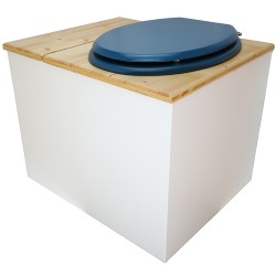 Toilette sèche en bois blanc/huilé avec bac intégré, avec bavette inox et seau 22 litres. abattant bleu. modèle rehaussé PMR