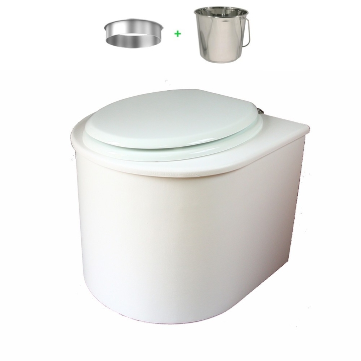 toilette sèche en bois arrondie complète avec seau inox et bavette inox