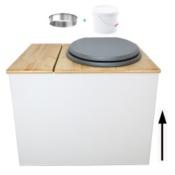 Toilette sèche en bois blanc/huilé avec bac intégré, avec bavette inox et seau 22 L. abattant gris. modèle rehaussé PMR