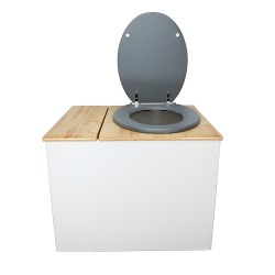 Toilette sèche en bois blanc/huilé avec bac intégré, avec bavette inox et seau 22 L. abattant gris. modèle rehaussé PMR