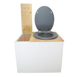 Toilette sèche en bois blanc/huilé avec bac intégré, avec bavette inox et seau 22 L. abattant gris. modèle rehaussé PMR