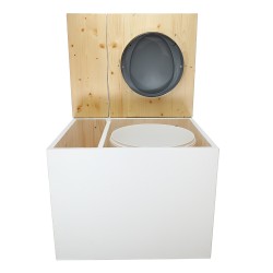 Toilette sèche en bois blanc/huilé avec bac intégré, avec bavette inox et seau 22 L. abattant gris. modèle rehaussé PMR