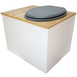 Toilette sèche en bois blanc/huilé avec bac intégré, avec bavette inox et seau 22 L. abattant gris. modèle rehaussé PMR