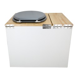Toilette sèche en bois blanc/huilé avec bac intégré, avec bavette inox et seau 22 L. abattant gris. modèle rehaussé PMR