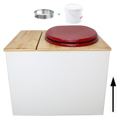 Toilette sèche en bois blanc/huilé avec bac intégré, avec bavette inox et seau 22 L. abattant rouge. modèle rehaussé PMR
