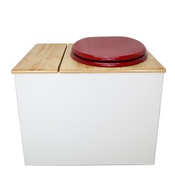 Toilette sèche en bois blanc/huilé avec bac intégré, avec bavette inox et seau 22 L. abattant rouge. modèle rehaussé PMR