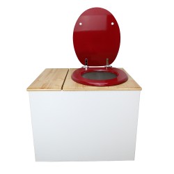 Toilette sèche en bois blanc/huilé avec bac intégré, avec bavette inox et seau 22 L. abattant rouge. modèle rehaussé PMR