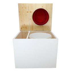 Toilette sèche en bois blanc/huilé avec bac intégré, avec bavette inox et seau 22 L. abattant rouge. modèle rehaussé PMR