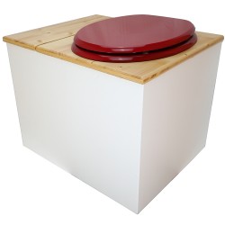 Toilette sèche en bois blanc/huilé avec bac intégré, avec bavette inox et seau 22 L. abattant rouge. modèle rehaussé PMR