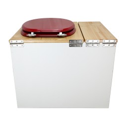 Toilette sèche en bois blanc/huilé avec bac intégré, avec bavette inox et seau 22 L. abattant rouge. modèle rehaussé PMR