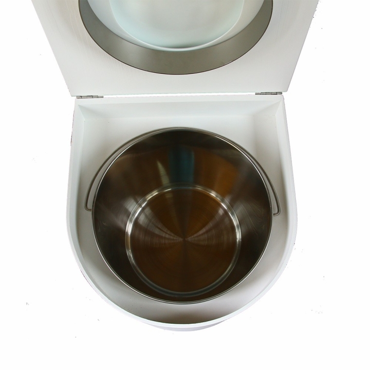  toilette sèche arrondie blanche avec seau inox 22 litres et bavette inox
