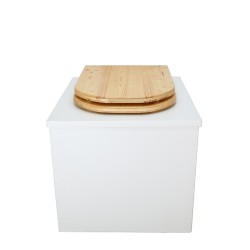 Toilette sèche en bois blanc avec seau inox, bavette inox, abattant bois huilé déclipsable