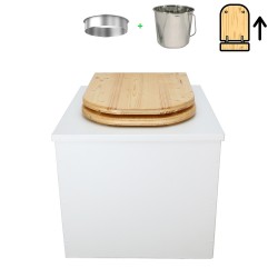Toilette sèche en bois blanc avec seau inox, bavette inox, abattant bois huilé déclipsable