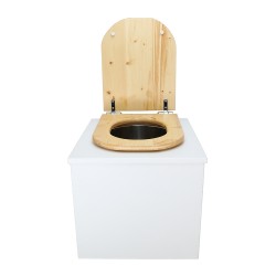 Toilette sèche en bois blanc avec seau inox, bavette inox, abattant bois huilé déclipsable