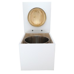 Toilette sèche en bois blanc avec seau inox, bavette inox, abattant bois huilé déclipsable