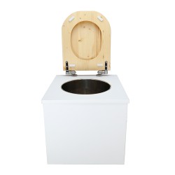 Toilette sèche en bois blanc avec seau inox, bavette inox, abattant bois huilé déclipsable