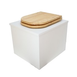Toilette sèche en bois blanc avec seau inox, bavette inox, abattant bois huilé déclipsable