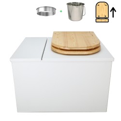 Toilette sèche avec bac à copeaux de bois intégré en bois blanc avec bavette inox, seau inox, abattant bois huilé déclipsable