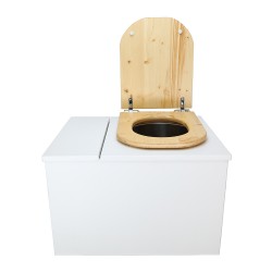 Toilette sèche avec bac à copeaux de bois intégré en bois blanc avec bavette inox, seau inox, abattant bois huilé déclipsable