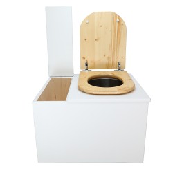 Toilette sèche avec bac à copeaux de bois intégré en bois blanc avec bavette inox, seau inox, abattant bois huilé déclipsable