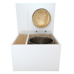 Toilette sèche avec bac à copeaux de bois intégré en bois blanc avec bavette inox, seau inox, abattant bois huilé déclipsable