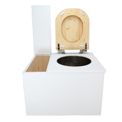 Toilette sèche avec bac à copeaux de bois intégré en bois blanc avec bavette inox, seau inox, abattant bois huilé déclipsable