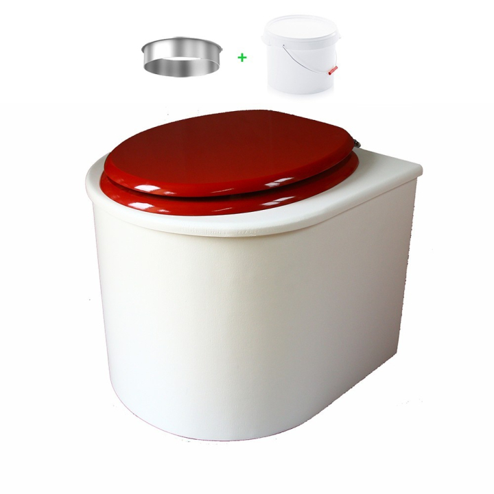 toilette sèche arrondie blanche avec abattant rouge