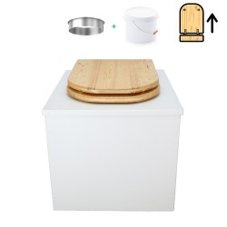 Toilette sèche en bois blanc avec seau plastique 22L, bavette inox, abattant bois huilé déclipsable