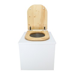 Toilette sèche en bois blanc avec seau plastique 22L, bavette inox, abattant bois huilé déclipsable