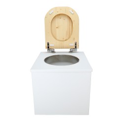 Toilette sèche en bois blanc avec seau plastique 22L, bavette inox, abattant bois huilé déclipsable