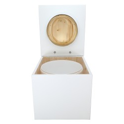 Toilette sèche en bois blanc avec seau plastique 22L, bavette inox, abattant bois huilé déclipsable