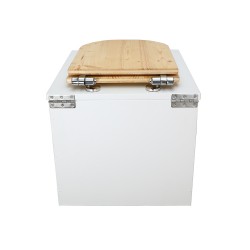 Toilette sèche en bois blanc avec seau plastique 22L, bavette inox, abattant bois huilé déclipsable