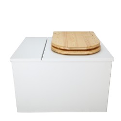Toilette sèche avec bac à copeaux de bois intégré en bois blanc avec bavette inox, seau 22L, abattant huilé déclipsable