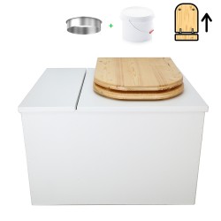 Toilette sèche avec bac à copeaux de bois intégré en bois blanc avec bavette inox, seau 22L, abattant huilé déclipsable