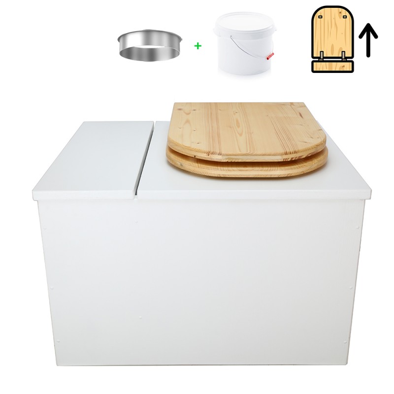 Toilette sèche avec bac à copeaux de bois intégré en bois blanc avec bavette inox, seau 22L, abattant huilé déclipsable