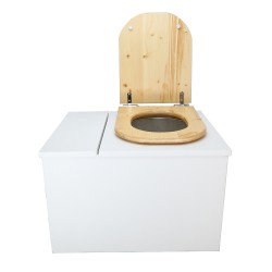 Toilette sèche avec bac à copeaux de bois intégré en bois blanc avec bavette inox, seau 22L, abattant huilé déclipsable
