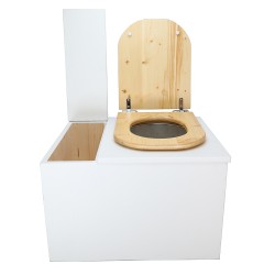 Toilette sèche avec bac à copeaux de bois intégré en bois blanc avec bavette inox, seau 22L, abattant huilé déclipsable