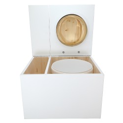 Toilette sèche avec bac à copeaux de bois intégré en bois blanc avec bavette inox, seau 22L, abattant huilé déclipsable