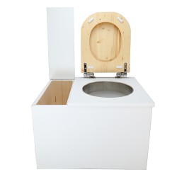 Toilette sèche avec bac à copeaux de bois intégré en bois blanc avec bavette inox, seau 22L, abattant huilé déclipsable