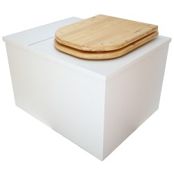Toilette sèche avec bac à copeaux de bois intégré en bois blanc avec bavette inox, seau 22L, abattant huilé déclipsable
