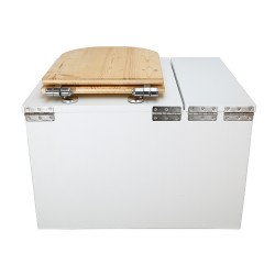 Toilette sèche avec bac à copeaux de bois intégré en bois blanc avec bavette inox, seau 22L, abattant huilé déclipsable