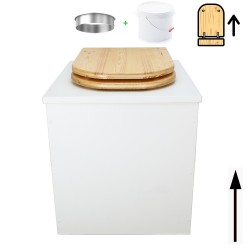 Toilette sèche en bois blanc avec seau plastique 22L, bavette inox, abattant bois huilé déclipsable. Modèle rehaussé PMR