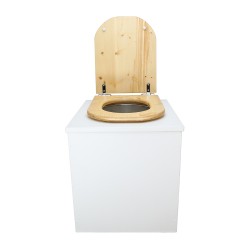 Toilette sèche en bois blanc avec seau plastique 22L, bavette inox, abattant bois huilé déclipsable. Modèle rehaussé PMR