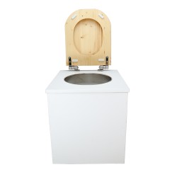Toilette sèche en bois blanc avec seau plastique 22L, bavette inox, abattant bois huilé déclipsable. Modèle rehaussé PMR