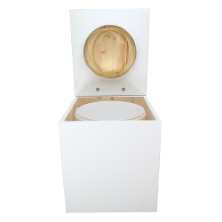 Toilette sèche en bois blanc avec seau plastique 22L, bavette inox, abattant bois huilé déclipsable. Modèle rehaussé PMR