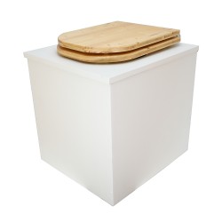Toilette sèche en bois blanc avec seau plastique 22L, bavette inox, abattant bois huilé déclipsable. Modèle rehaussé PMR