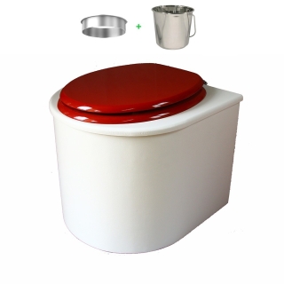 toilette sèche en bois blanc arrondie complète avec abattant rouge