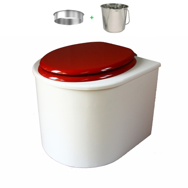 toilette sèche en bois blanc arrondie complète avec abattant rouge
