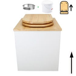 Toilette sèche en bois blanc/huilé avec seau plastique 22L, bavette inox, abattant bois huilé déclipsable. Modèle rehaussé PMR