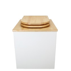 Toilette sèche en bois blanc/huilé avec seau plastique 22L, bavette inox, abattant bois huilé déclipsable. Modèle rehaussé PMR
